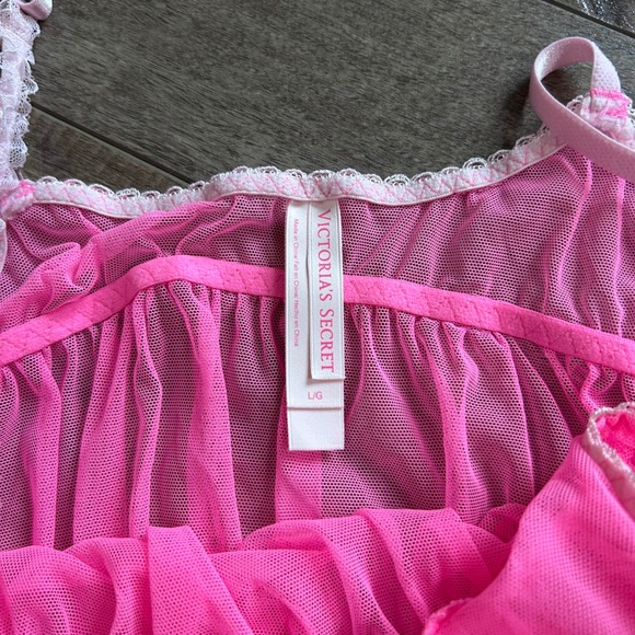 Y2K LNWOT Victoria's Secret Pink Babydoll Chemise & Panty Set Sheer Ruffle Sz L - Picture 5 of 10